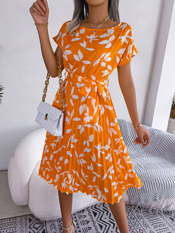 Leaf Print Short Sleeve Lace-up Skirt Summer Dress