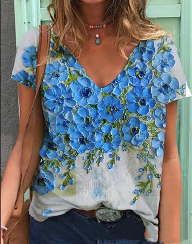 Flowers & Butterfly Short-sleeved V-neck Top