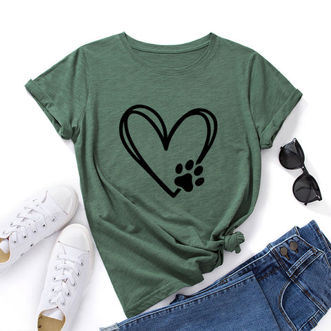 Women's Loose Round Neck Short Sleeve T-shirt With Heart-shaped Paw Print