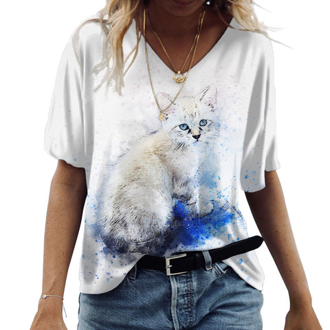 Assorted Cat Designs Casual Short Sleeve V-Neck Top