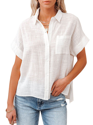 Solid Color  Cotton And Linen Short-Sleeved Ladies Lapel Button-down Shirt