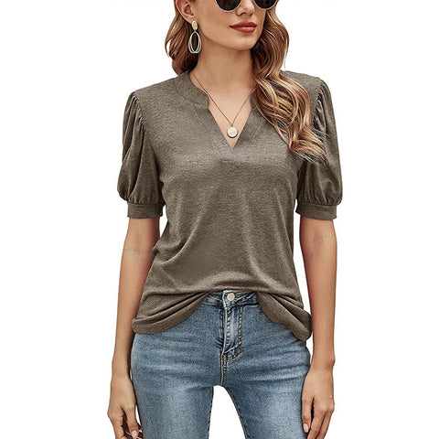 Women's New Casual V-neck Puff Sleeve Loose Women's Top