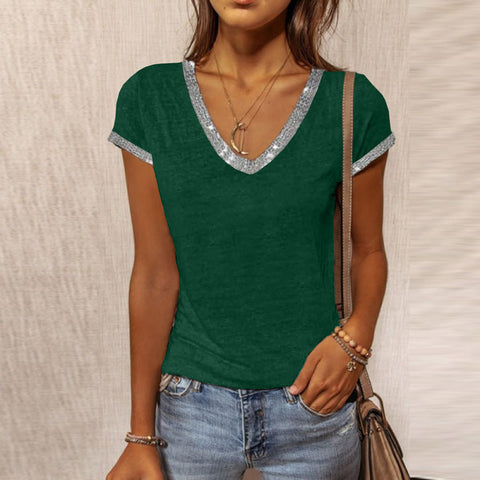 Women's Summer V-Neck Contrast Color Slim Short-Sleeved Top