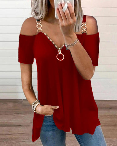 Metal Loop Strap Zippered Off Shoulder Top