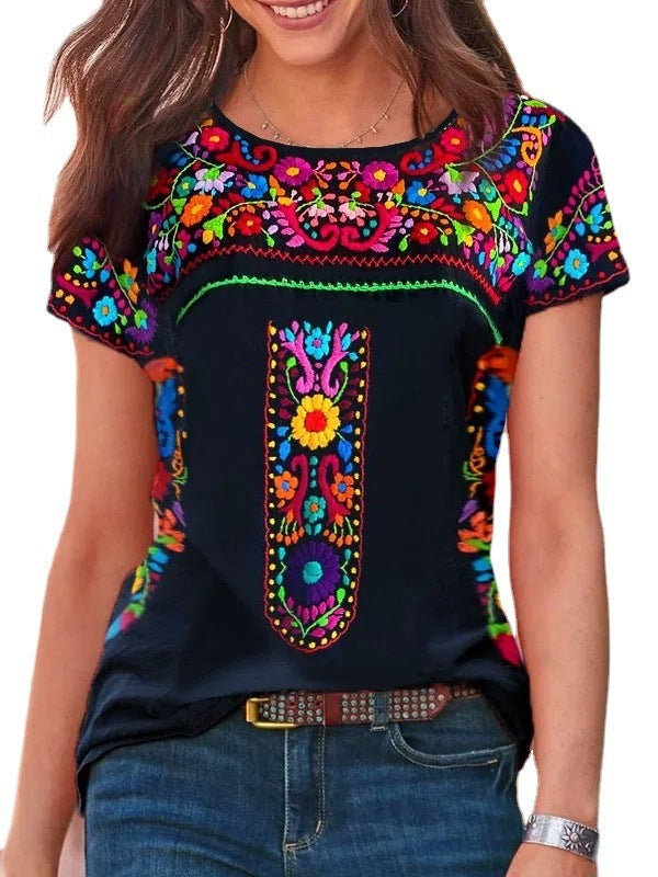 Women's Bohemian Print Round Neck Short Sleeve Top