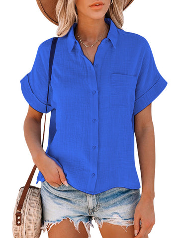 Solid Color  Cotton And Linen Short-Sleeved Ladies Lapel Button-down Shirt