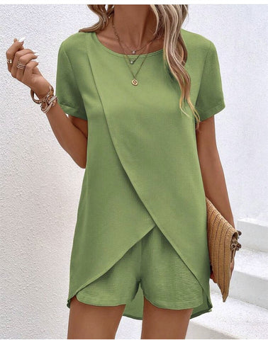 Solid Color Women's Top and Shorts Set