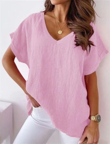 Women's Solid Color Cotton And Linen Short-sleeved V-neck Top