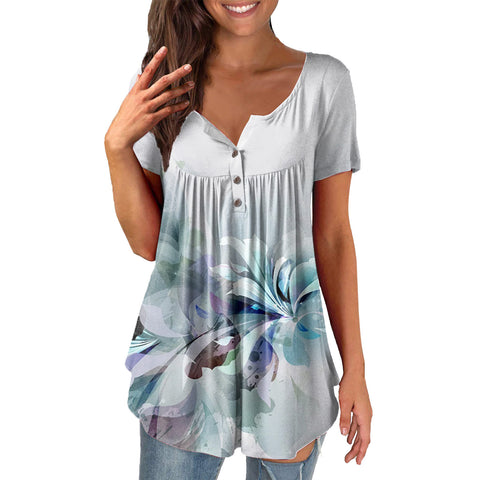 Printed Ruffled Tunic Pullover Short Sleeve