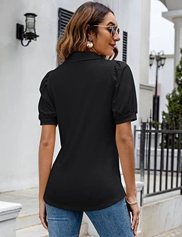 Polo Shirt Button Down Neck Puff Sleeve Loose Top