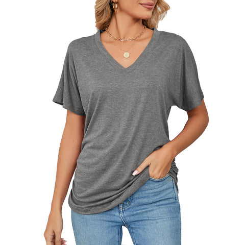 Leisure Pullover V-neck Solid Color Loose T-shirt