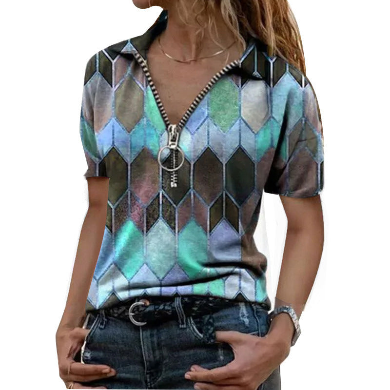 Geometric Diamond Print Zipper Front Short-sleeved Top