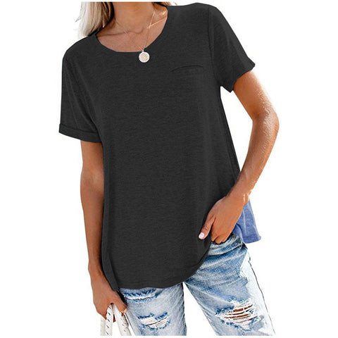 Multi Color Round Neck Front Pocket Short Sleeve Top