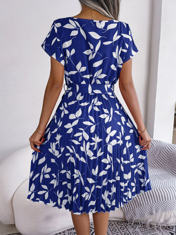 Leaf Print Short Sleeve Lace-up Skirt Summer Dress