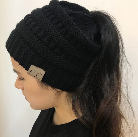 High Bun Ponytail Beanie Hat Chunky Soft Stretch Cable Knit Warm Fuzzy Lined