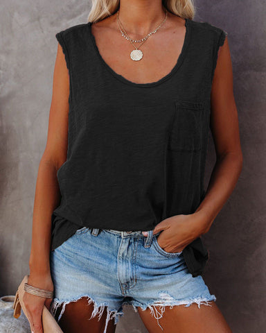 U-neck Patch Pocket Solid Color Ladies Tank