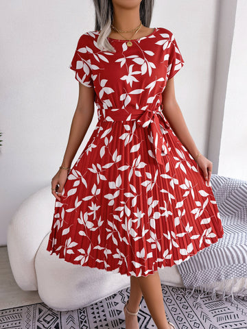 Leaf Print Short Sleeve Lace-up Skirt Summer Dress