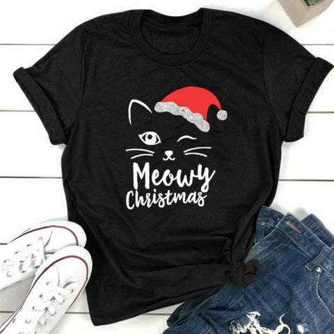 Meowy Christmas Casual Round Neck T-shirt Top