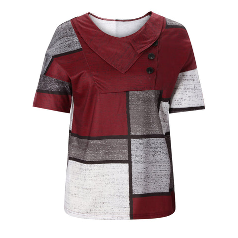 Color Block with Cross Collar Button Short Sleeve Top