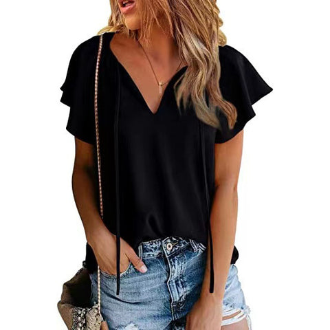 Pure Color Casual V-neck Chiffon Loose And Simple Top