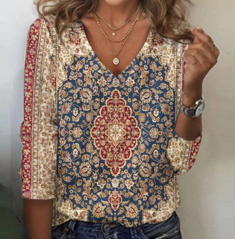 Butterfly Print Long Sleeve V-neck Loose Top