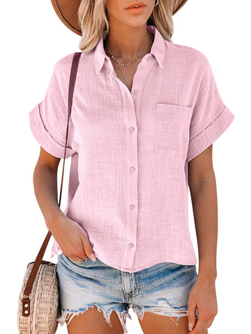 Solid Color  Cotton And Linen Short-Sleeved Ladies Lapel Button-down Shirt