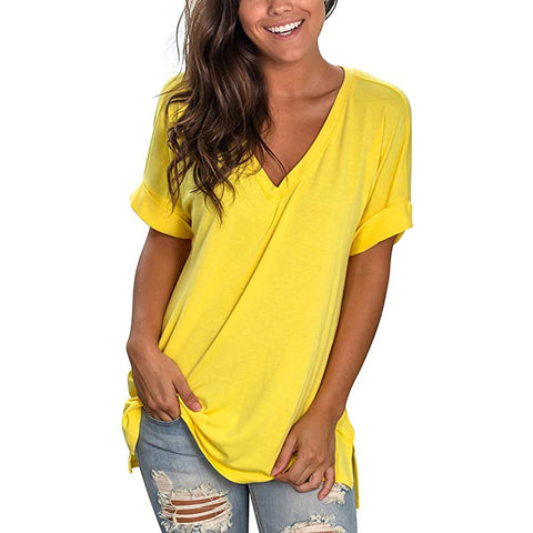 Women's Solid Color V Neck Short-Sleeved T-Shirt Top