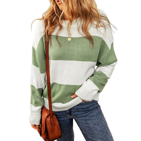 Simple Wide Striped Round Neck Contrast Color Long-sleeved Top