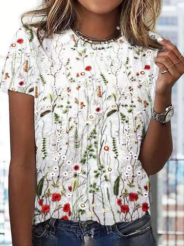 Loose Round Neck Short Sleeve Floral Printed Top