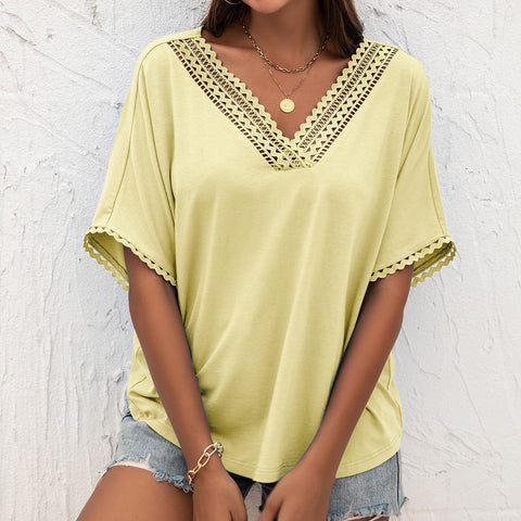 Hollow-out Splicing V Collar Loose Top