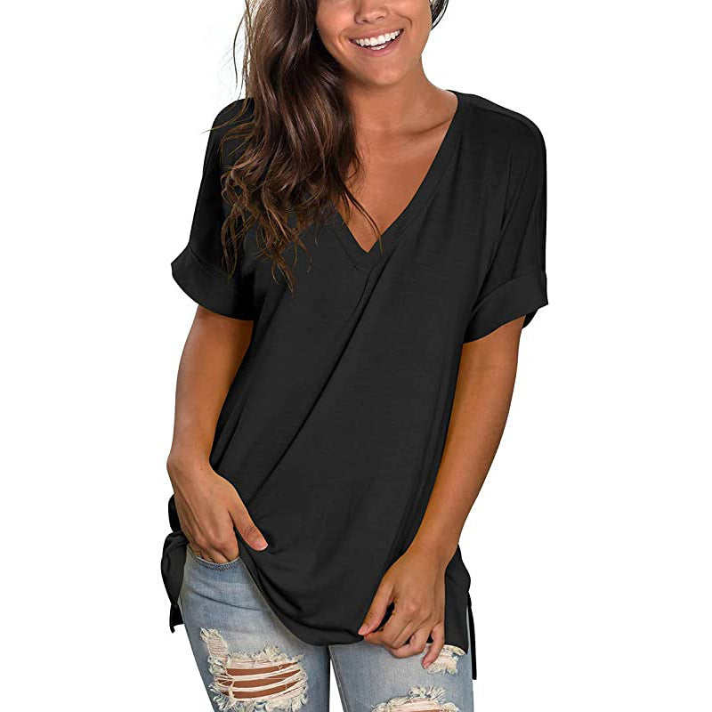 Women's Solid Color V Neck Short-Sleeved T-Shirt Top