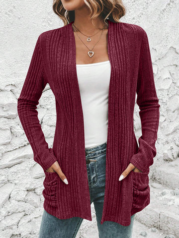 Autumn And Winter Long Sleeve Solid Color Mid-length Knitted Cardigan with Pockets