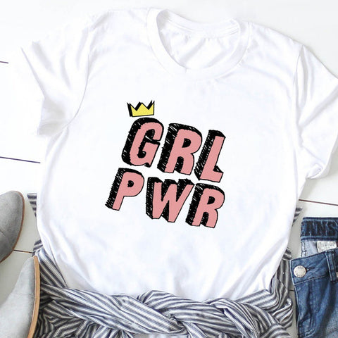 Girl Power Round Neck Short-sleeved Top