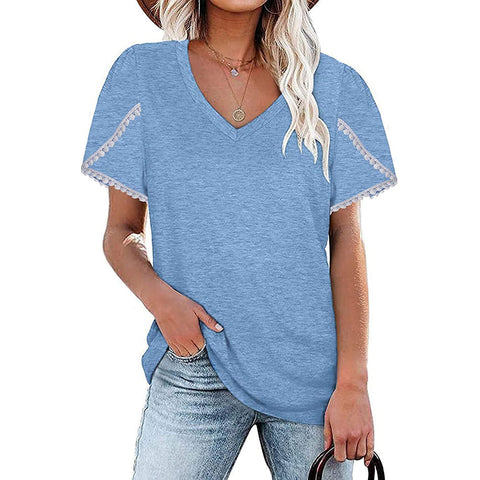 Lace Border V-Neck Short-Sleeved Shirt