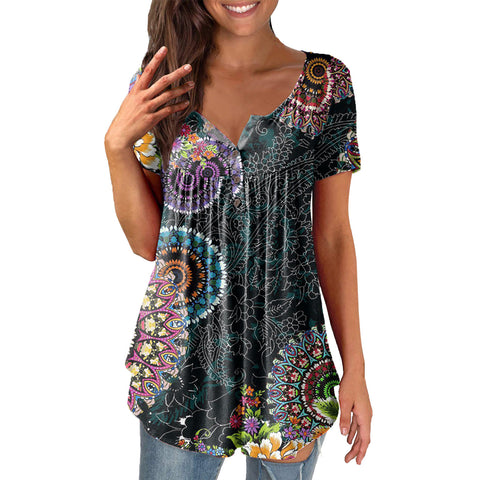 Printed Ruffled Tunic Pullover Short Sleeve