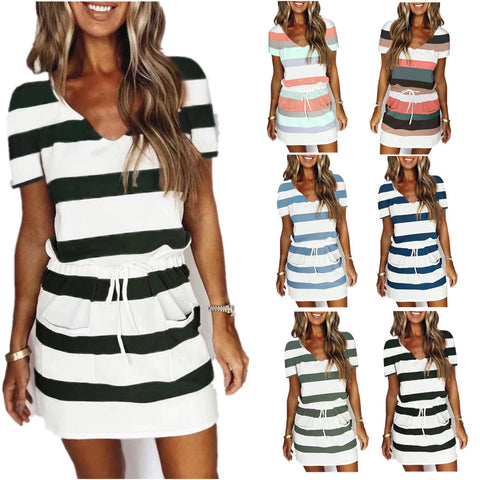 Striped Print V-neck Drawstring Short-sleeved Dress