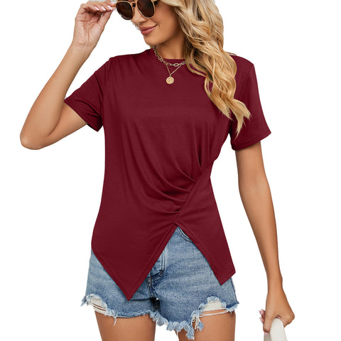 Solid Color Round Neck Pleated Ladies Top