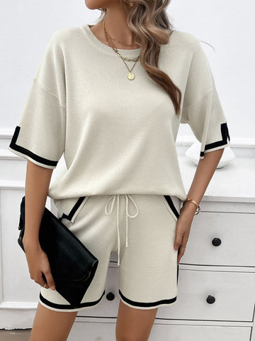 Contrast Trim Round Neck Top and Shorts Set