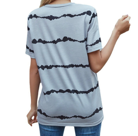 Casual Fashion Striped Print Short Sleeve T-Shirt Ladies Top