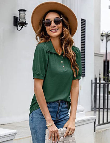 Polo Shirt Button Down Neck Puff Sleeve Loose Top