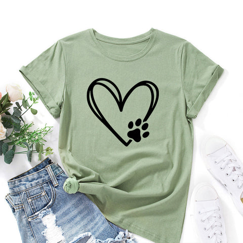 Women's Loose Round Neck Short Sleeve T-shirt With Heart-shaped Paw Print