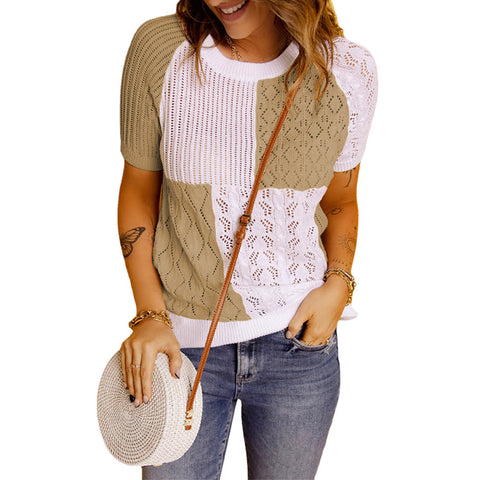 Color-blocking Knitted Sweater Short-sleeved Top