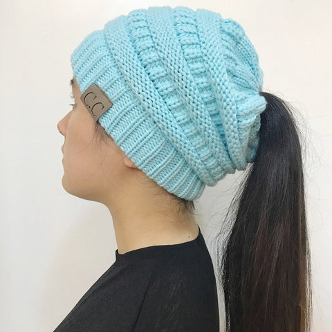 High Bun Ponytail Beanie Hat Chunky Soft Stretch Cable Knit Warm Fuzzy Lined