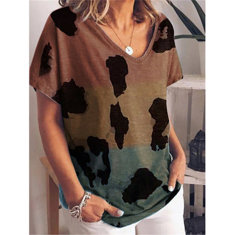 New Gradient Color Printed Short-Sleeved Loose Women's Top