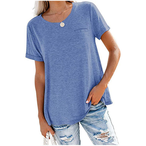 Multi Color Round Neck Front Pocket Short Sleeve Top