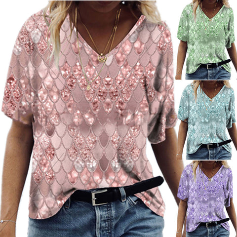 Diamond Design Printed Loose V Neck Short Sleeve Top