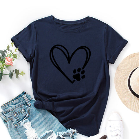 Women's Loose Round Neck Short Sleeve T-shirt With Heart-shaped Paw Print