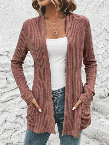 Autumn And Winter Long Sleeve Solid Color Mid-length Knitted Cardigan with Pockets