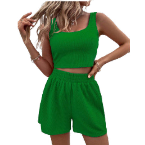 Knitted Square Neck Top with Elastic Shorts Solid Color 2Pcs Sets