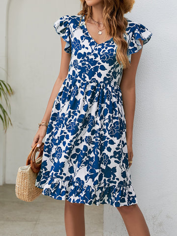 Leaf Print V-neck Ruffled Sleeveless A-Line Dress